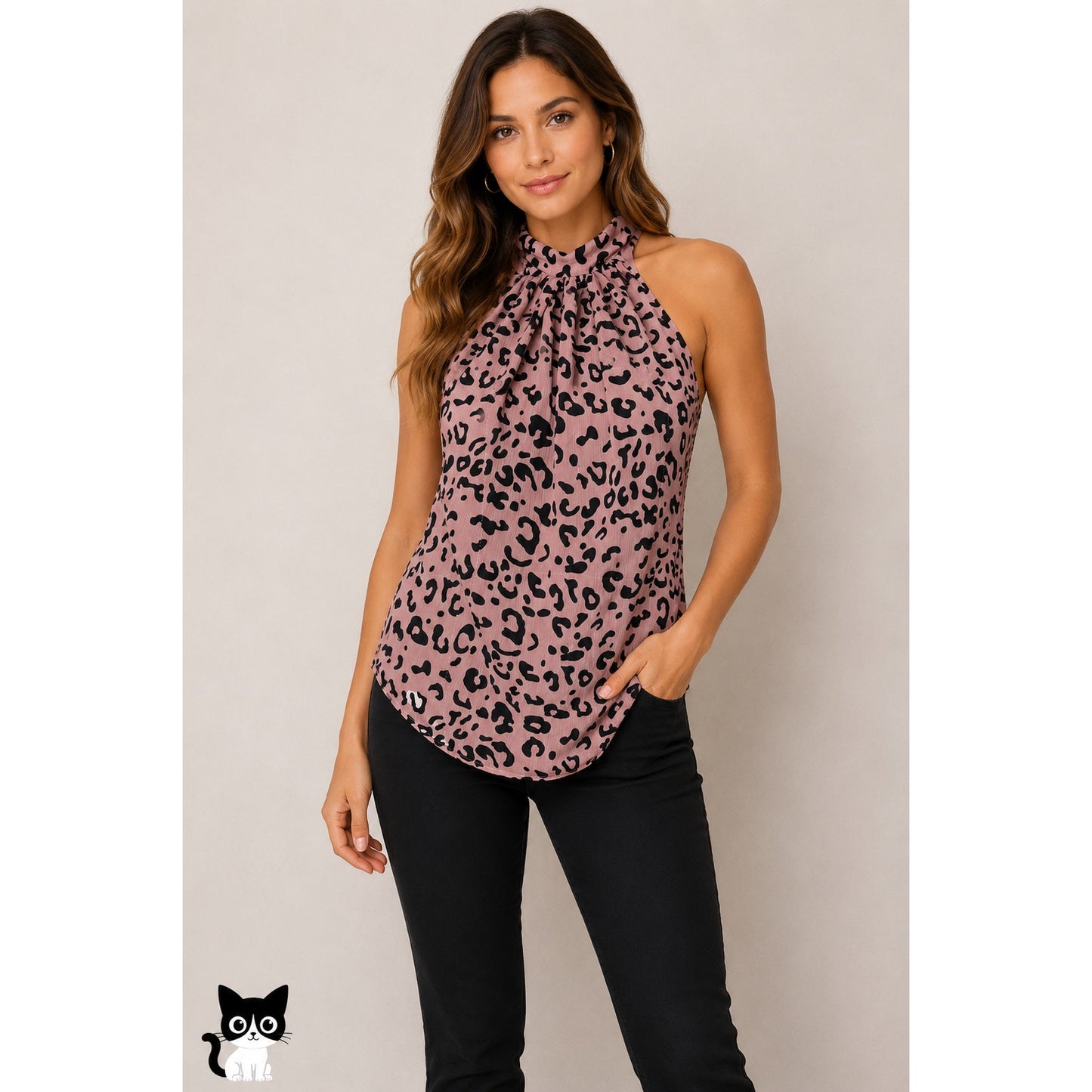 Bishop + Young Dusty Pink & Black Cheetah Print Tie Neck Blouse S