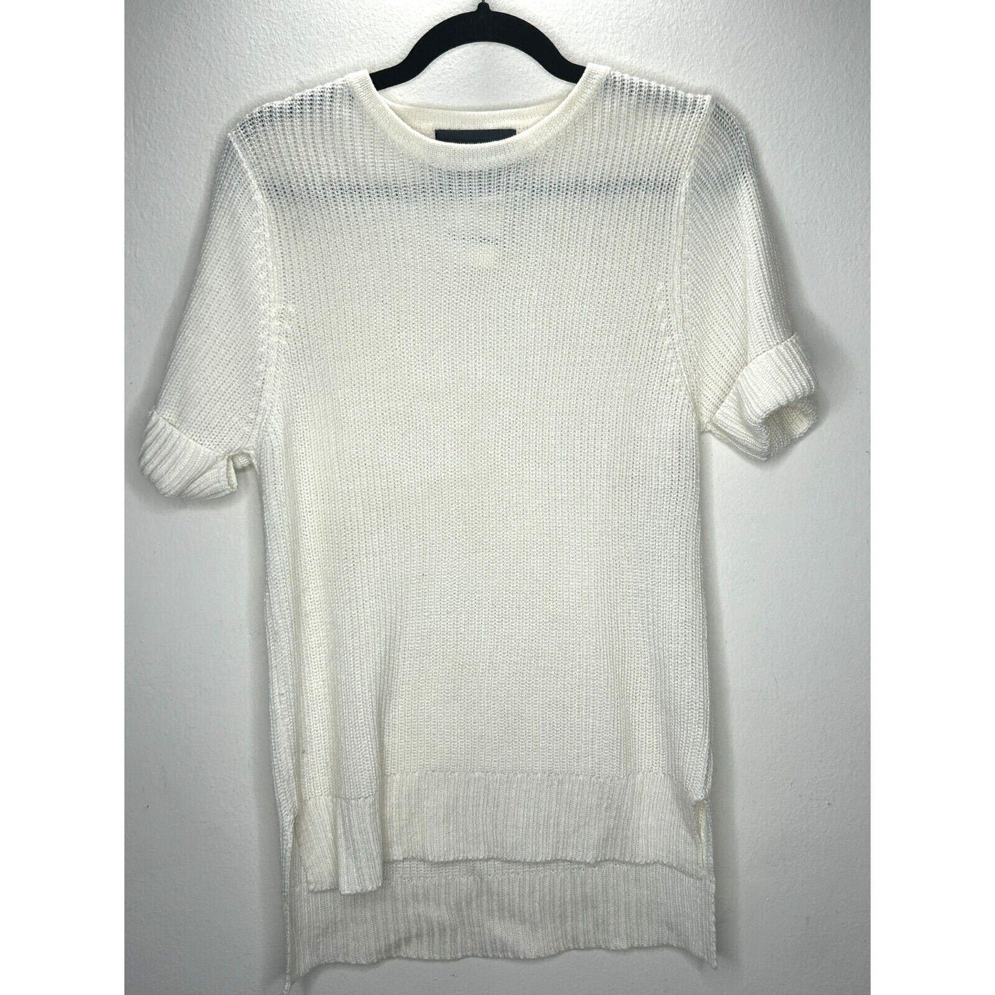 Lovemarks White Ivory Knit Short Cuffed Sleeve High Low Round Neck Sweater S