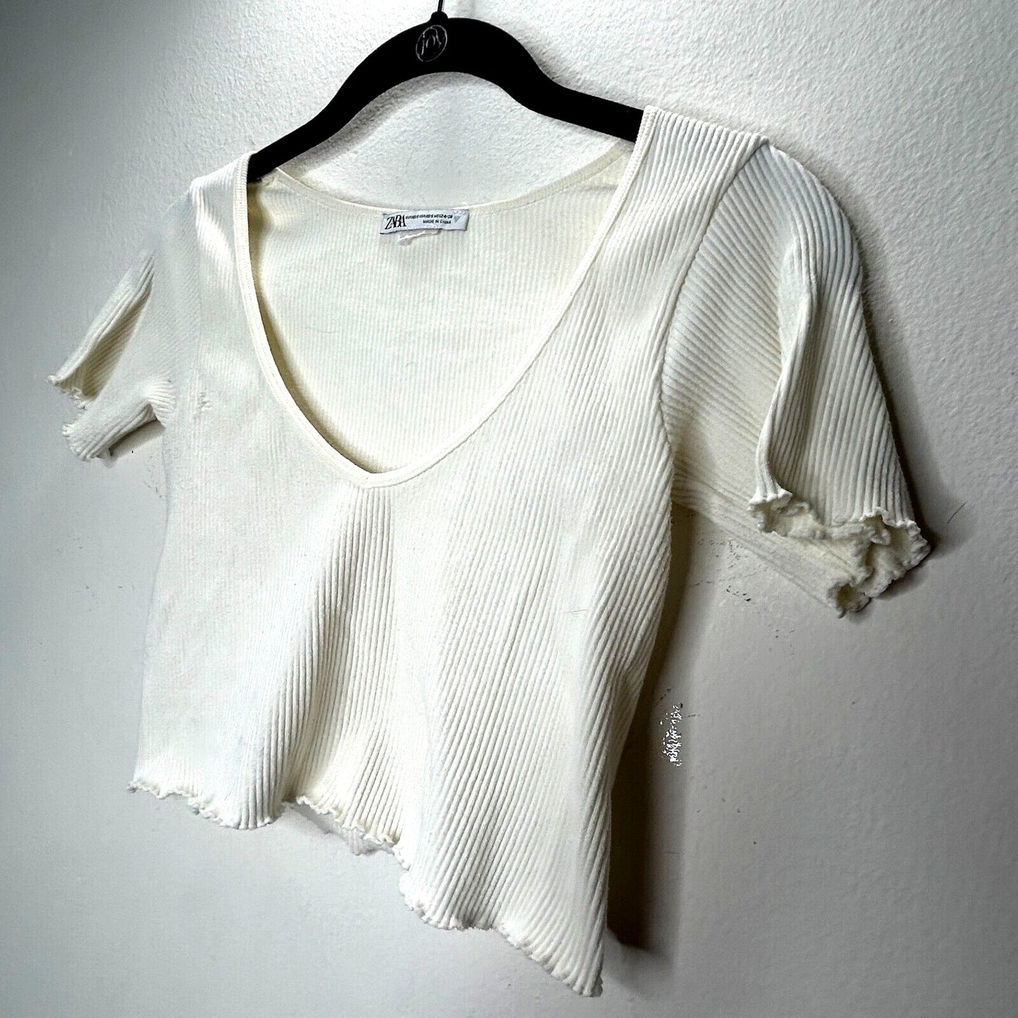 Zara Cream Ribbed Scoop Neck Top Short Sleeve Lettuce Hem Sleeves & Bottom XS