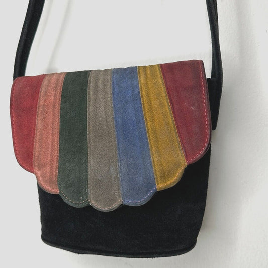 Cab Blanche Shell Canteen Black Suede Rainbow Clamshell Fold Crossbody Purse