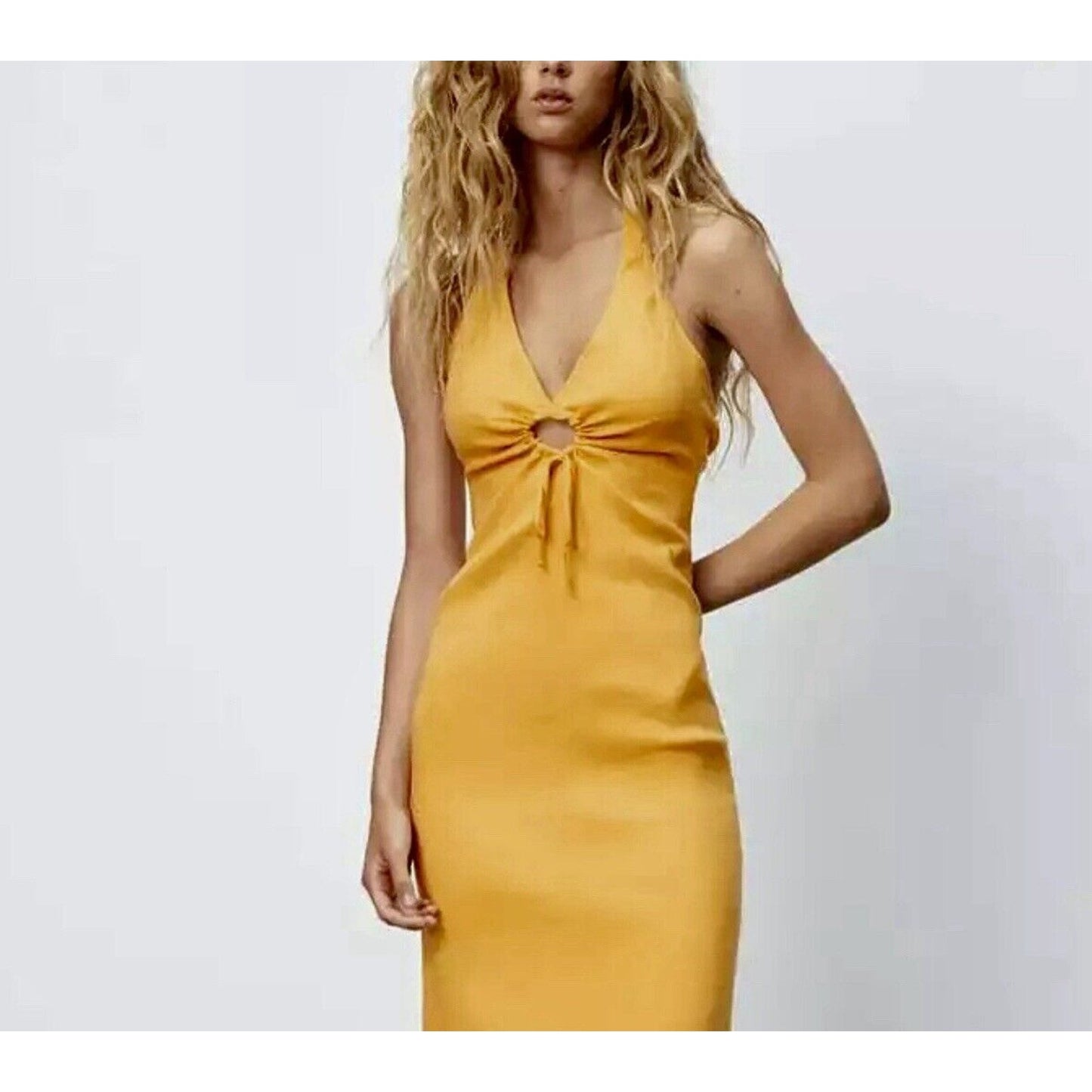 Zara Mustard Yellow Halter V-Neck Sun Dress O-Ring Cutout Front Open Back Small