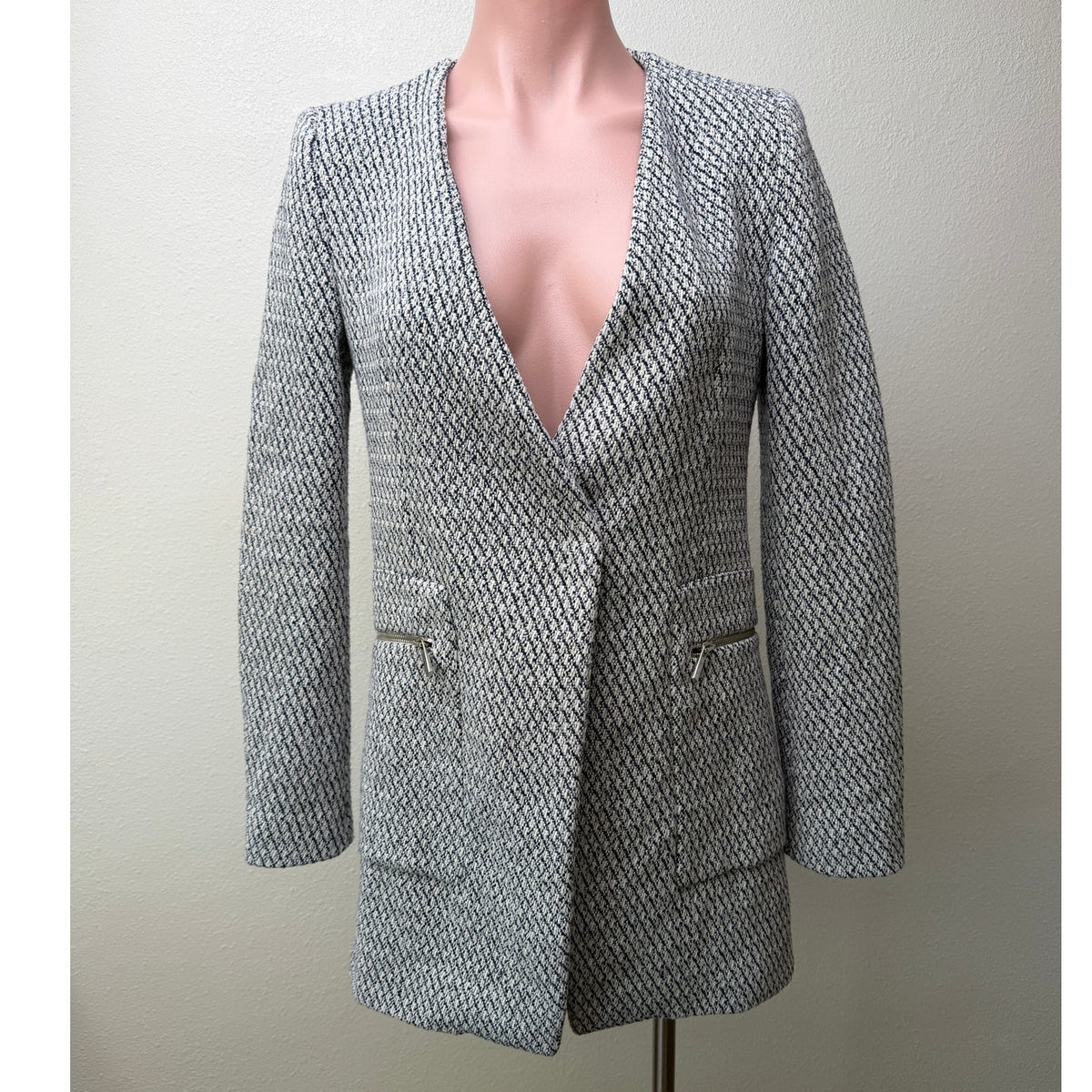 Zara Navy Ivory Tweed Collarless Blazer Women S
