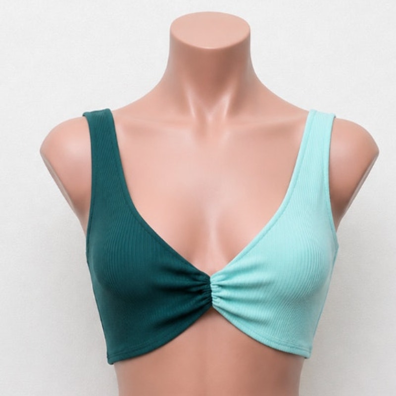 NWT Teal & Black Color Block Front Ruche Stretch Scoop Neck Crop Bralette M
