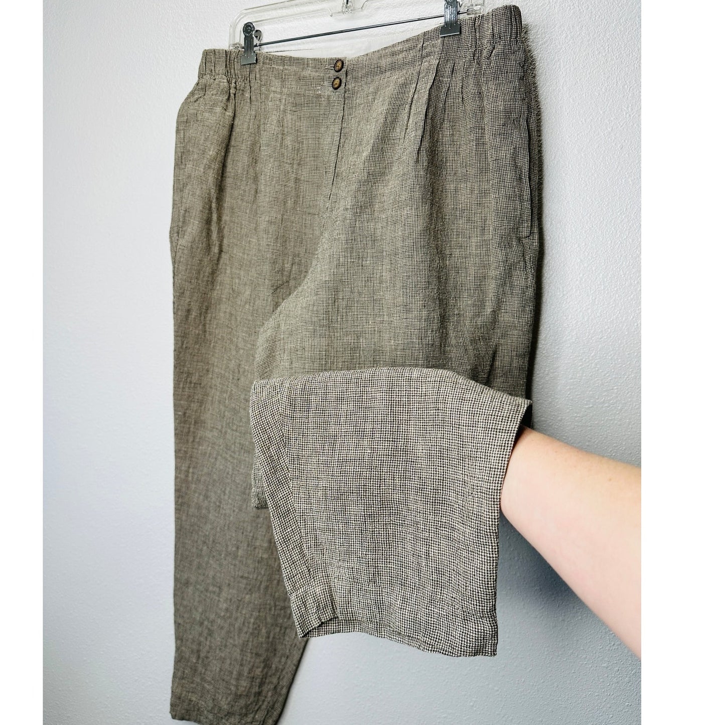 Poetry Brown & Cream Houndstooth cinch Waist Cropped Linen Trouser Pants 12