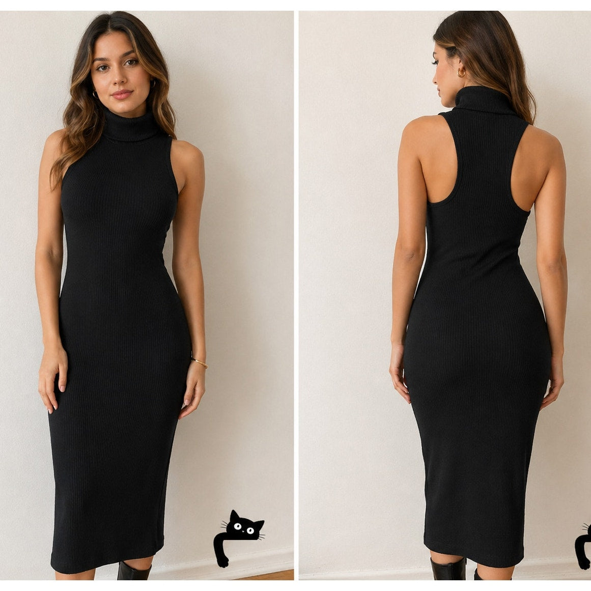 Black Mock Turtle Neck Sexy Ribbed Bodycon Sleeveless Cut Out Back Dress Small