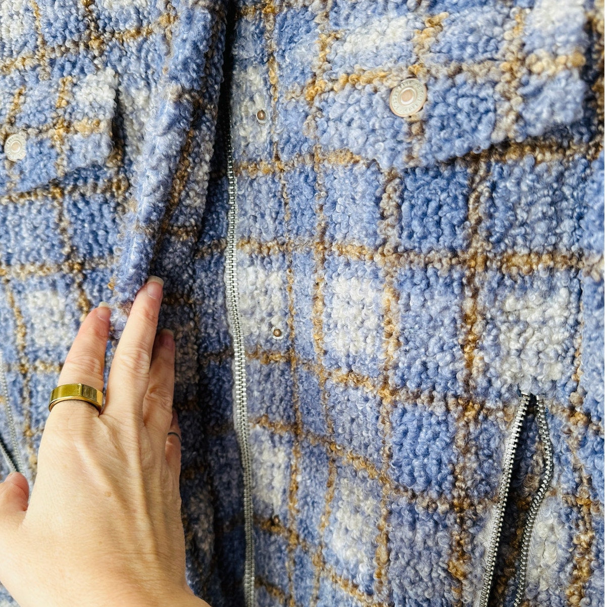 We The Free Fuzzy Loop Stitch Ivory Blue Tan Mock Neck Zip Jacket XS
