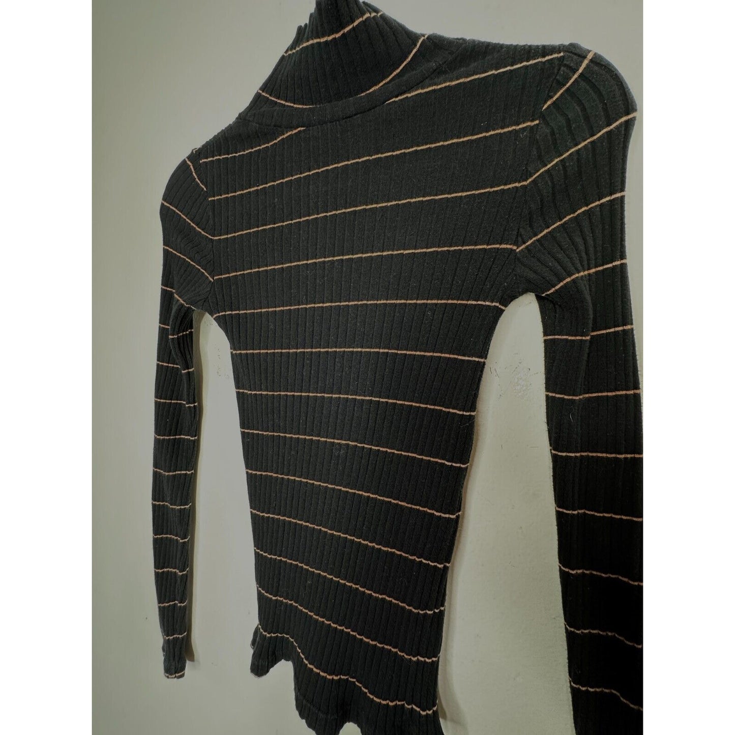 Vince Casual Black With Tan Stripe Ribbed Knit Turtleneck Long Sleeve Sweater XS