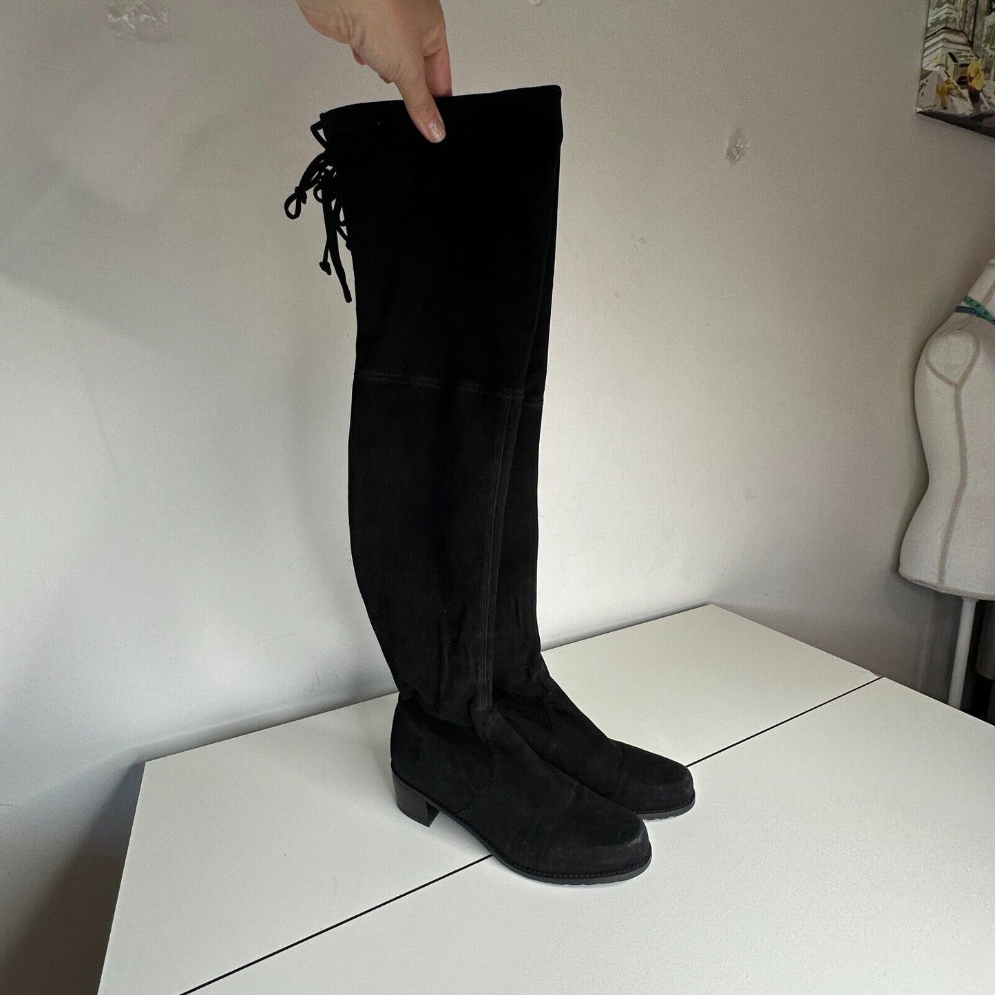 Stuart Weitzman Black Suede Lowland Over-The-Knee Flat Heel Lace up Boots 7