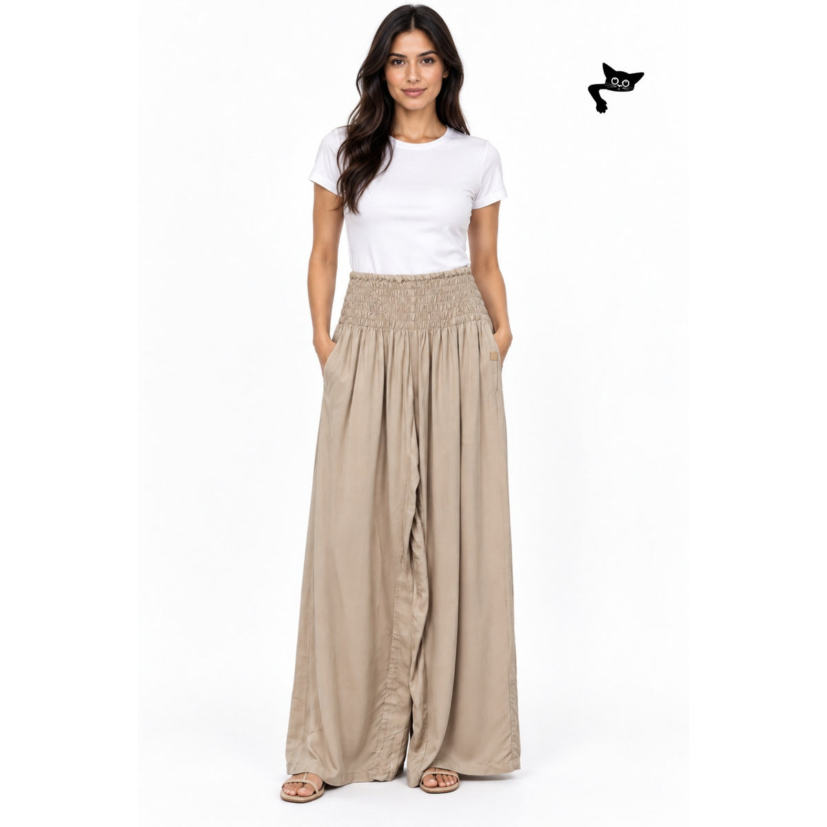 PIYOGA Beige Smocked Palazzo Pants Women US 0-12