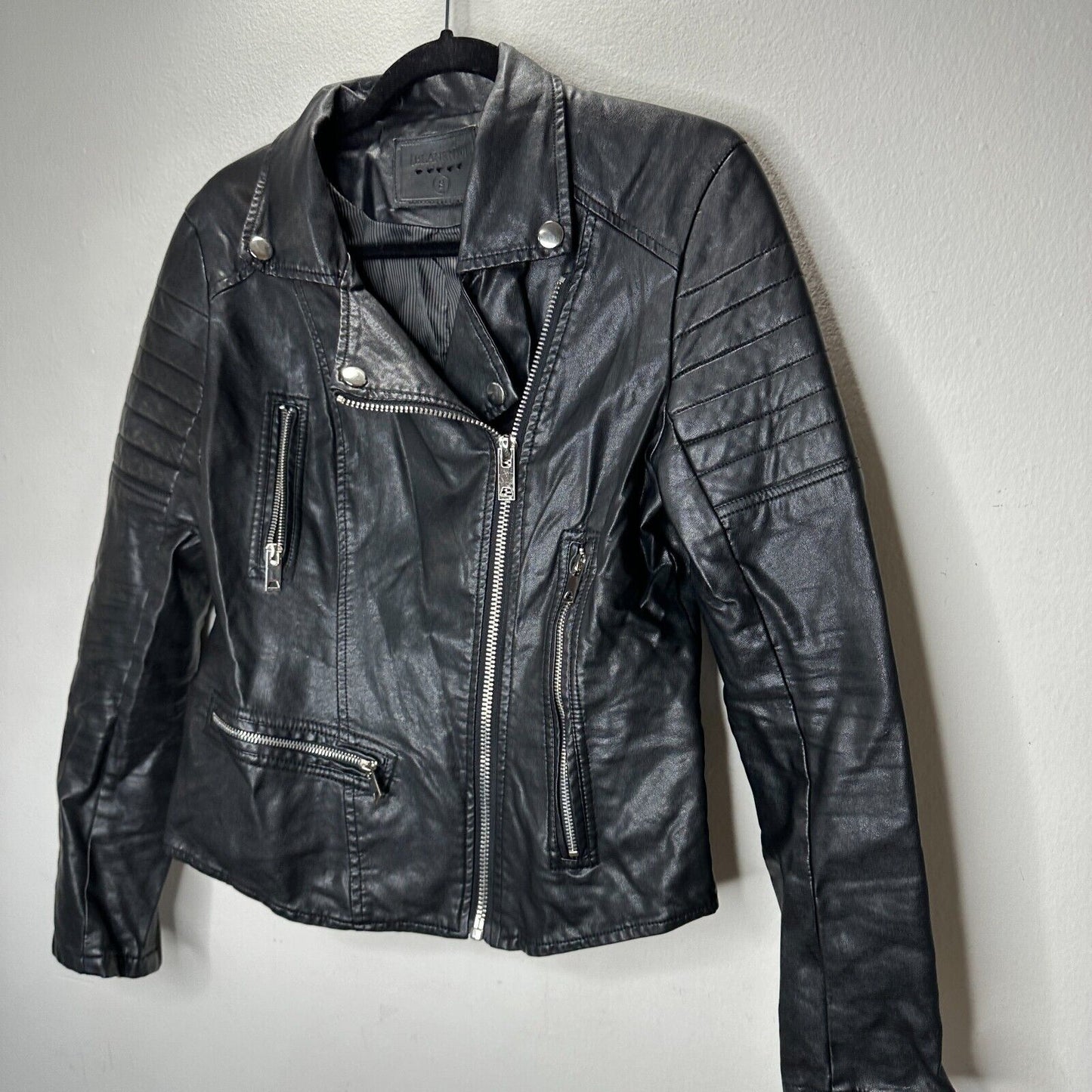 BlankNYC Black Faux Leather Zip Moto Jacket Quilted Shoulders & Back Design SM