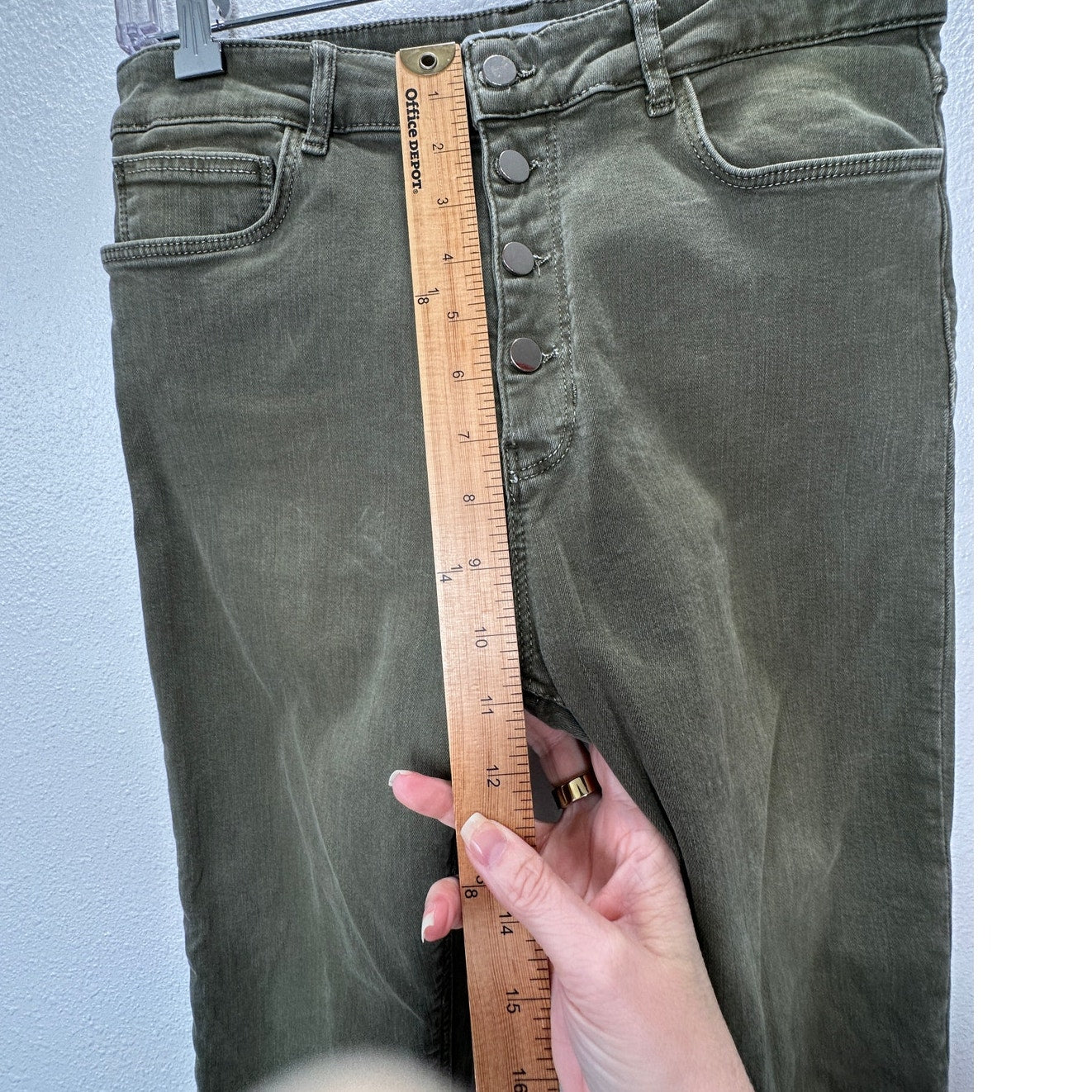 Zara Women Olive Green Button Fly Distressed Knee Skinny Jean High Waist 10