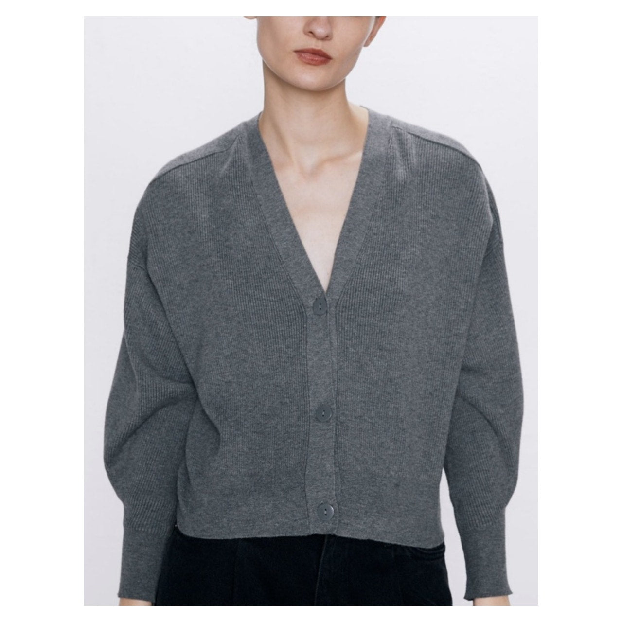 Zara Heather Gray Micro Rib V-Neck Front Button Long Sleeve Crop Cardigan Sweater S