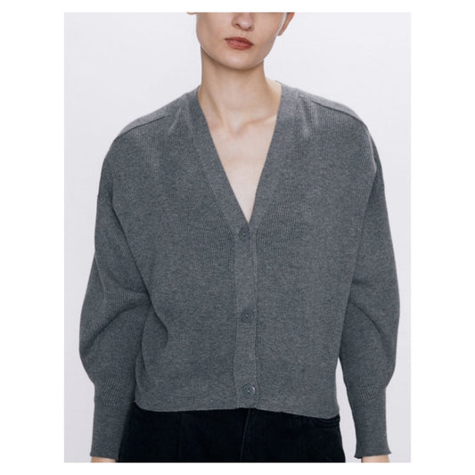 Zara Heather Gray Micro Rib V-Neck Front Button Long Sleeve Crop Cardigan Sweater S