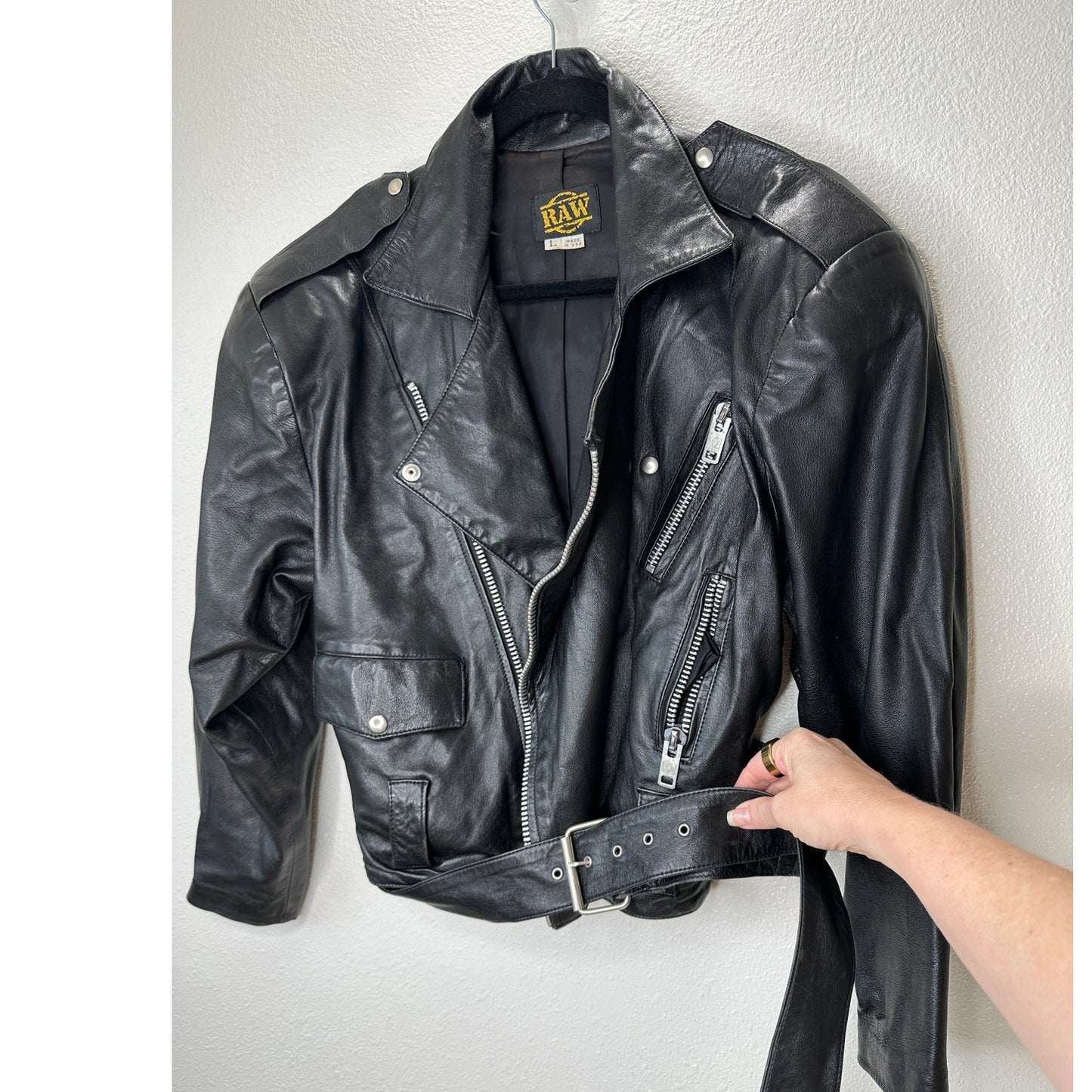 Raw Black Leather Silver Zip & Hardware Belted Shoulder Pad Moto Jacket L