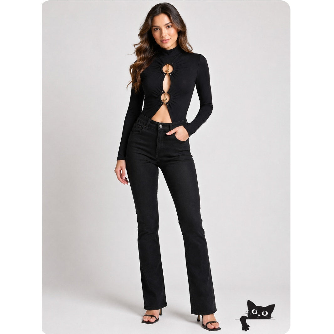 Sophie Anne Keyhole Black Bodysuit Gold Tone Hardware Long Sleeve Rib Knit 2