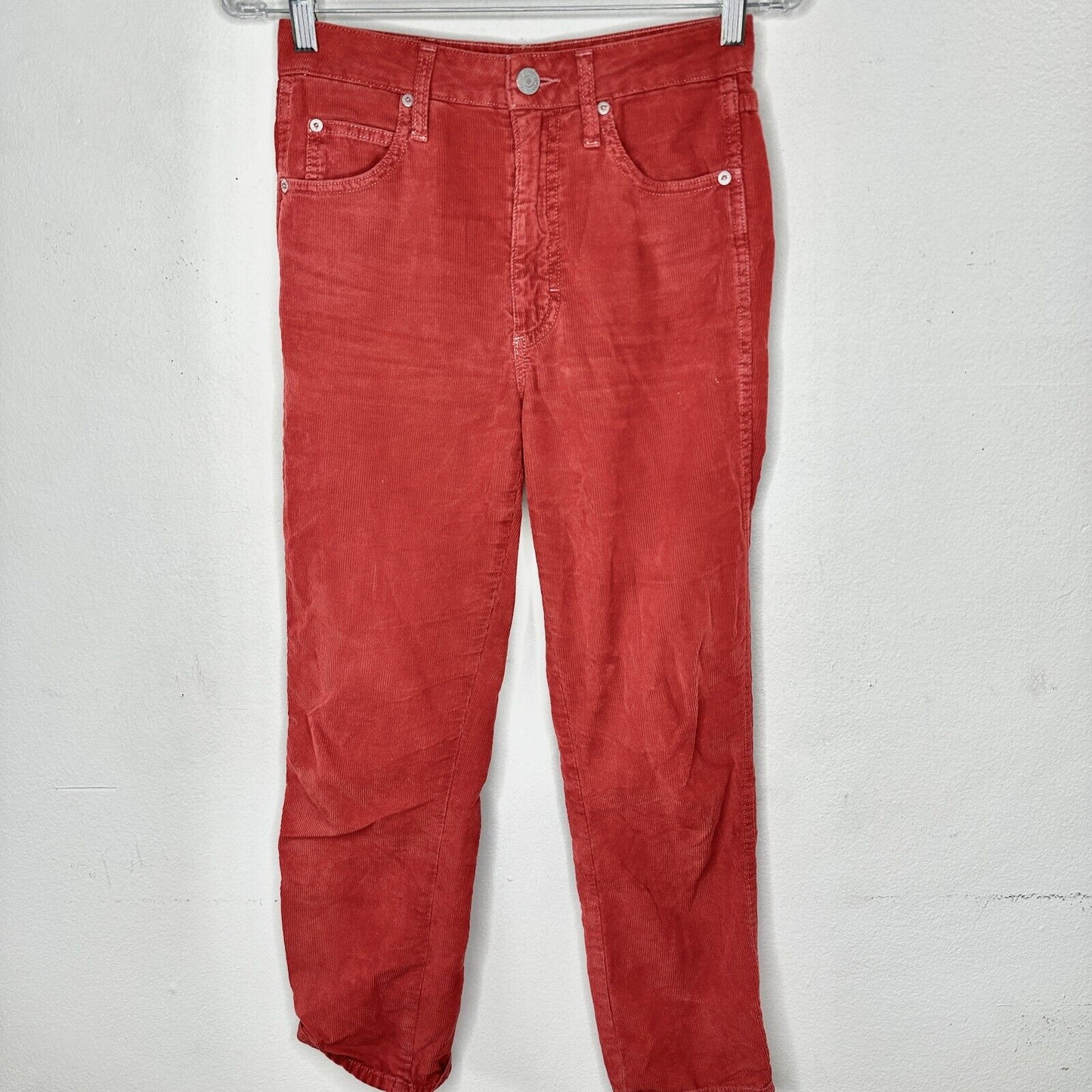 AMO The Chloe Rust Red Corduroy Straight Leg Crop Pant Trousers Washed Red 26