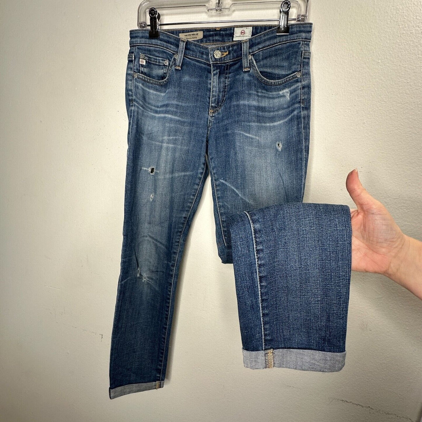 Revolve AG Flyaway The Stilt Cigarette Roll-Up Medium Wash Distressed Jean 27