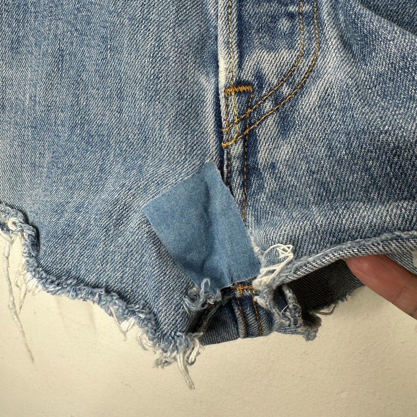 Levis 501 Medium Blue Wash Button Fly Distressed Raw Hem Shorts 34