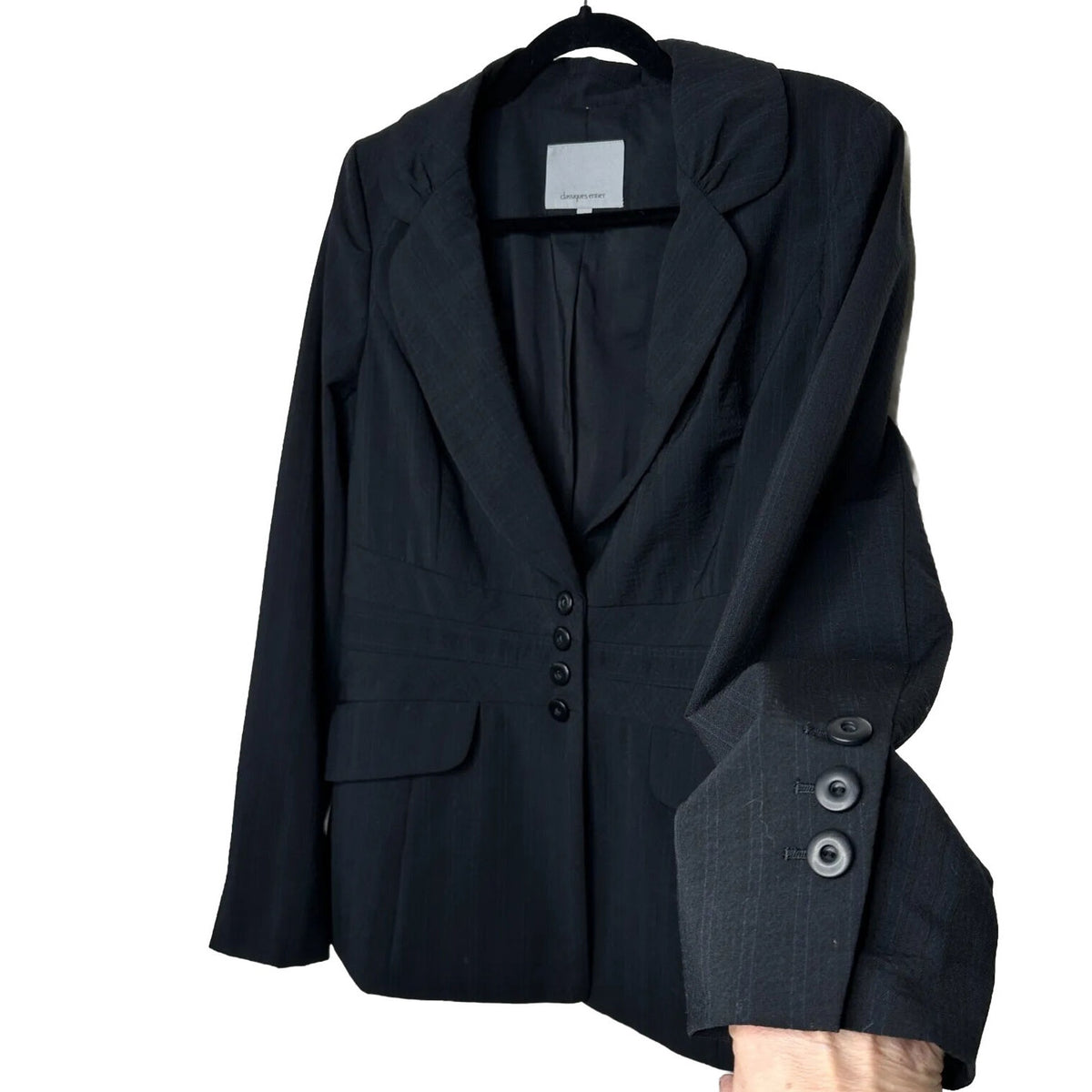 Classiques Navy Blue Pinstripe Fitted Peplum Waist 4-Button Wool Blazer 10