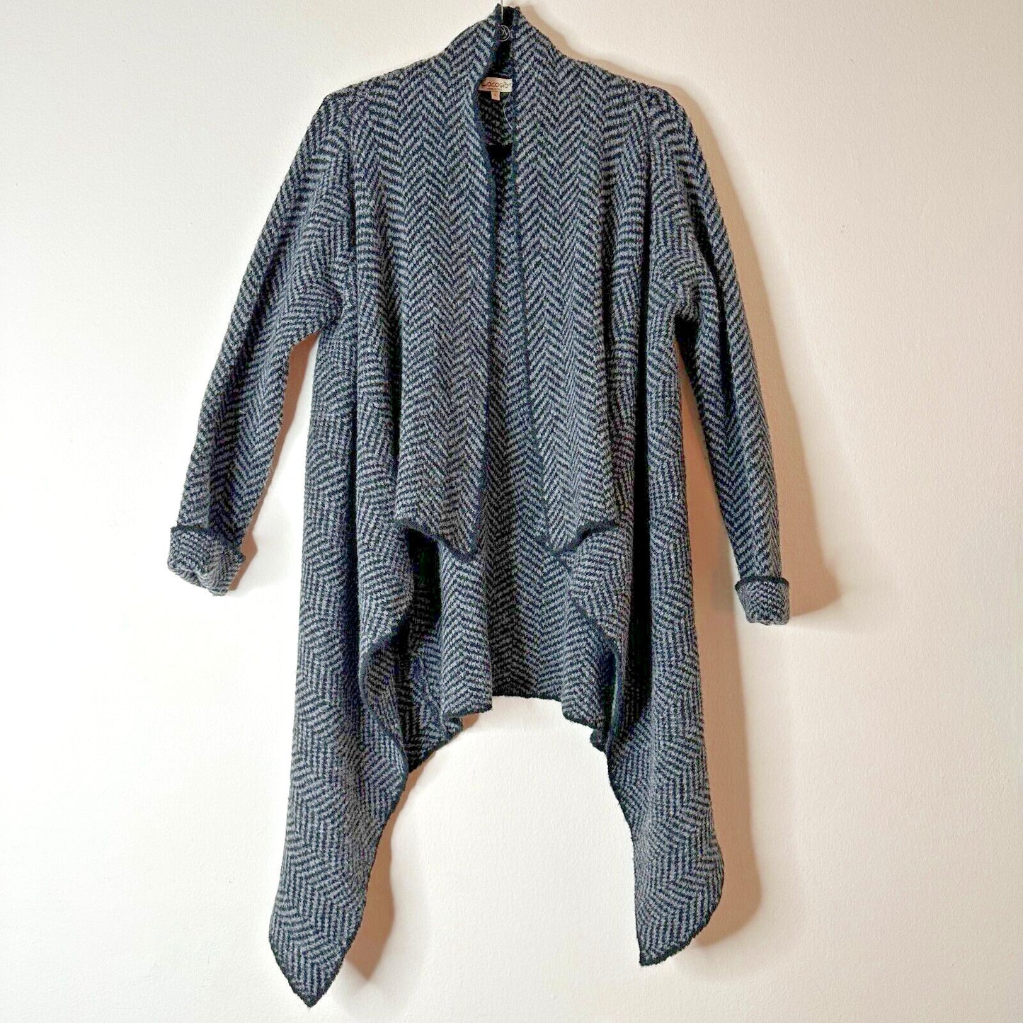 Cocogio Gray & Black Herringbone Waterfall Collar Cardigan Asymmetrical Hem L