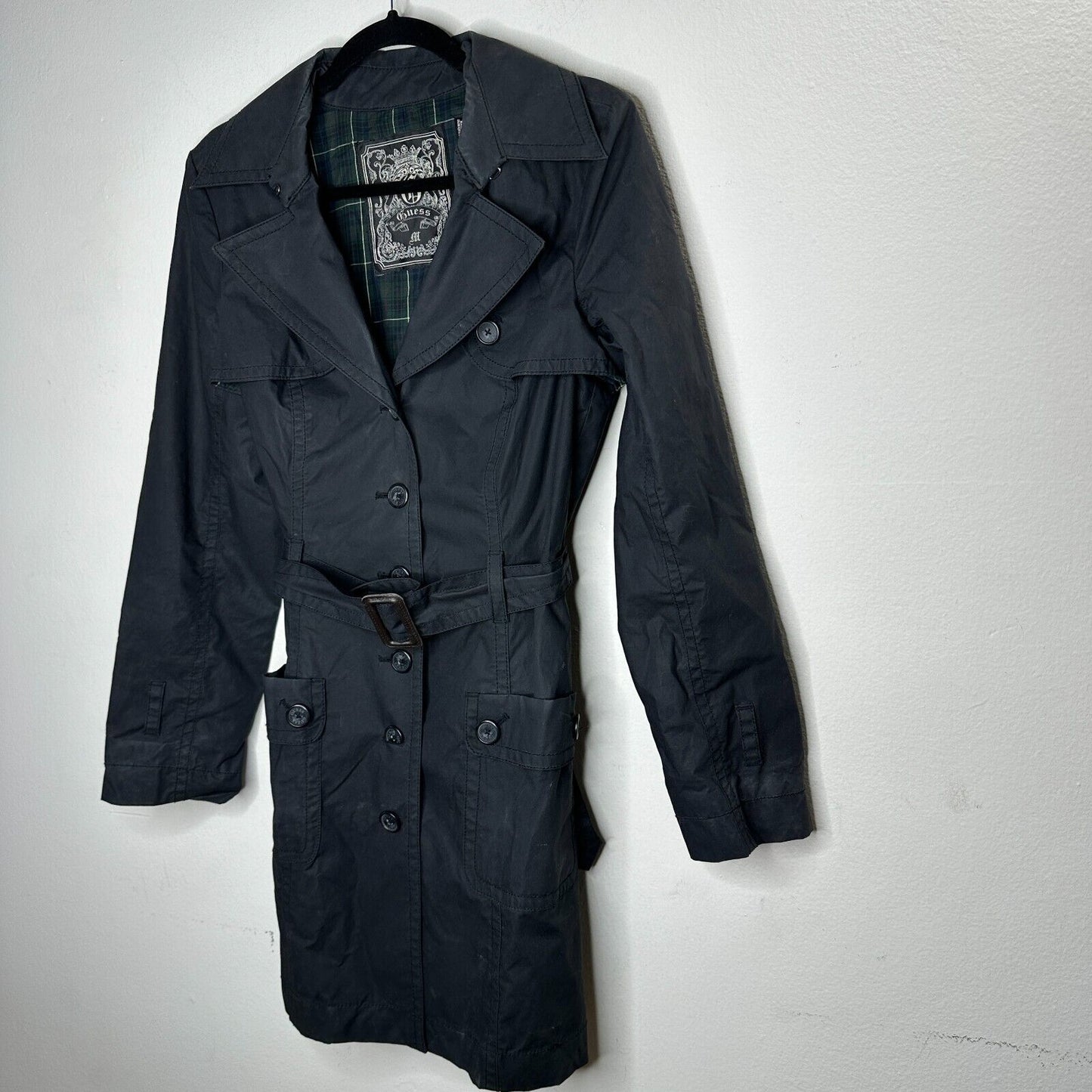 Guess Black Button Down Belted Trench Coat Navy and Green Plaid Interior M