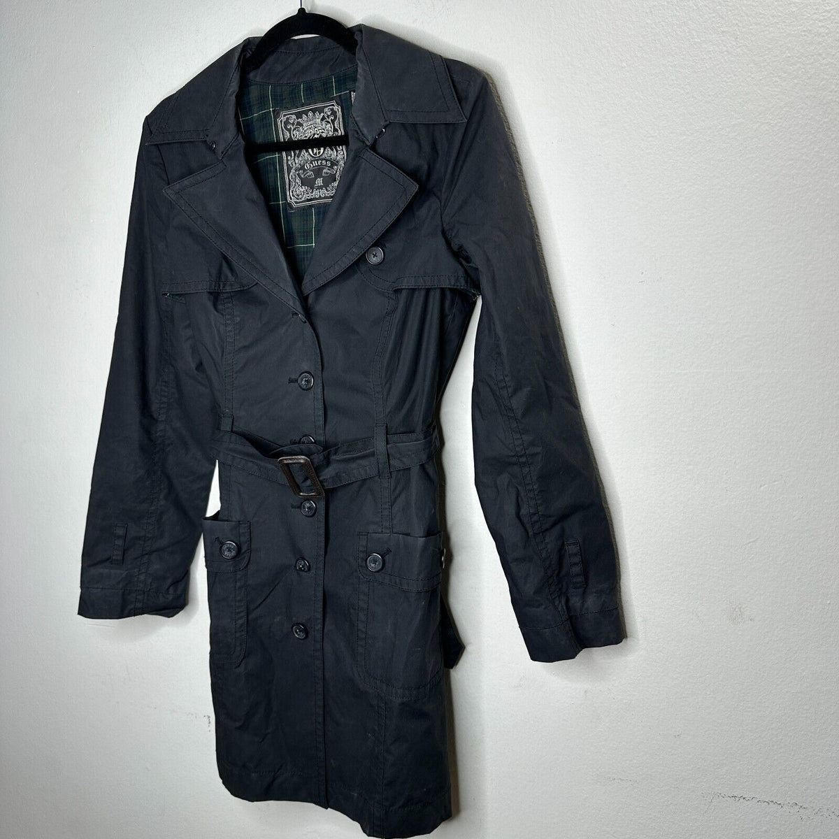 Guess Black Button Down Belted Trench Coat Navy and Green Plaid Interior M