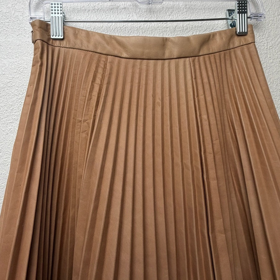 August Getty Atelier Accordion Pleat Leather Maxi Skirt Tan Women's US 4