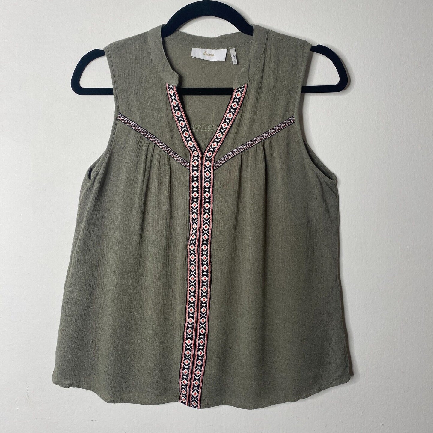 Braeve Olive Green Black Pink & White Aztec Print Trim Sleeveless Flowy Blouse S