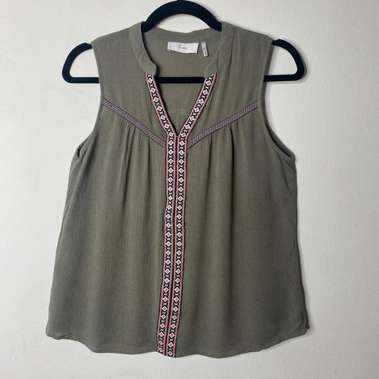 Braeve Olive Green Black Pink & White Aztec Print Trim Sleeveless Flowy Blouse S