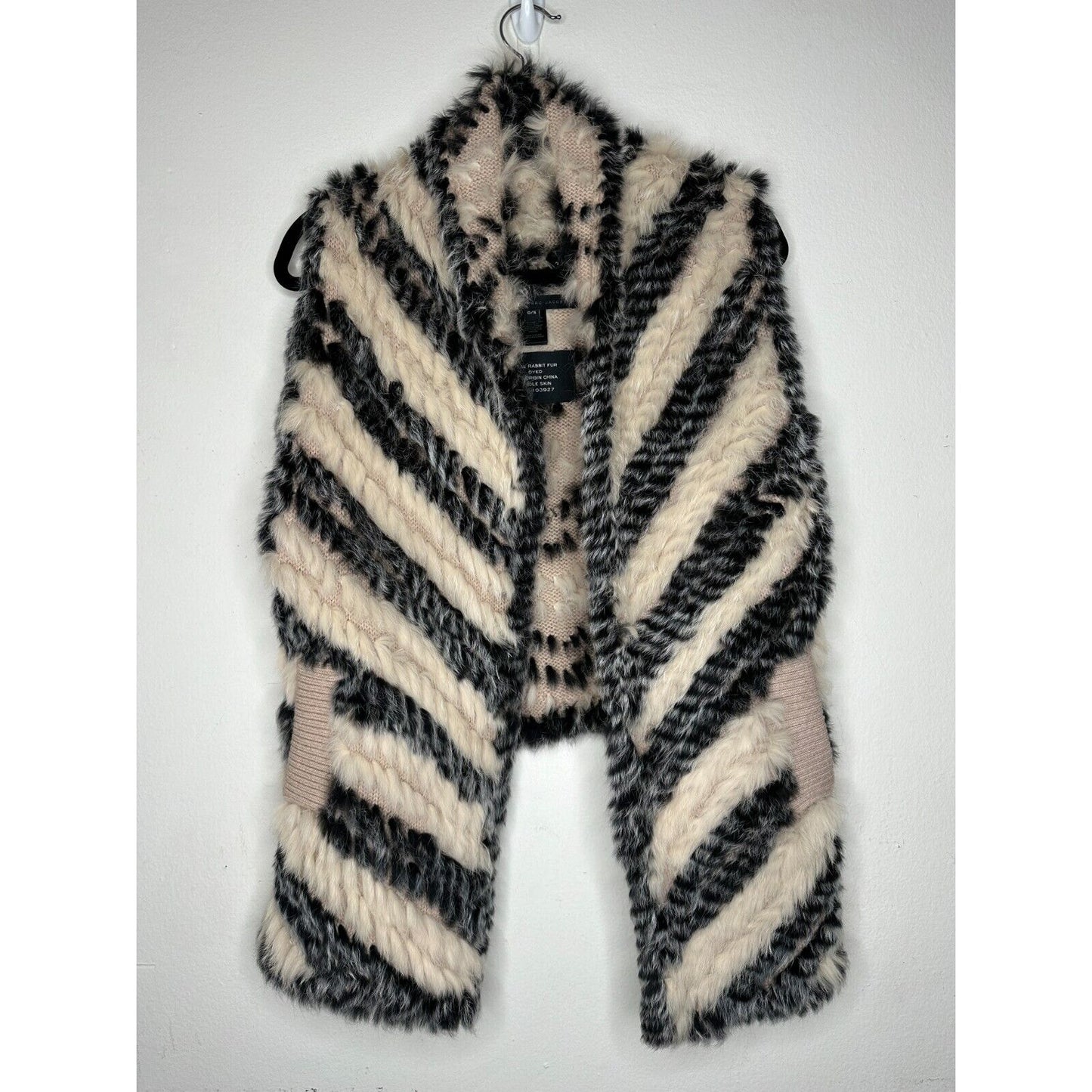 Marc by Marc Jacobs Cream Black Striped Knitted Soft Rabbit Fur Pocket Vest OS