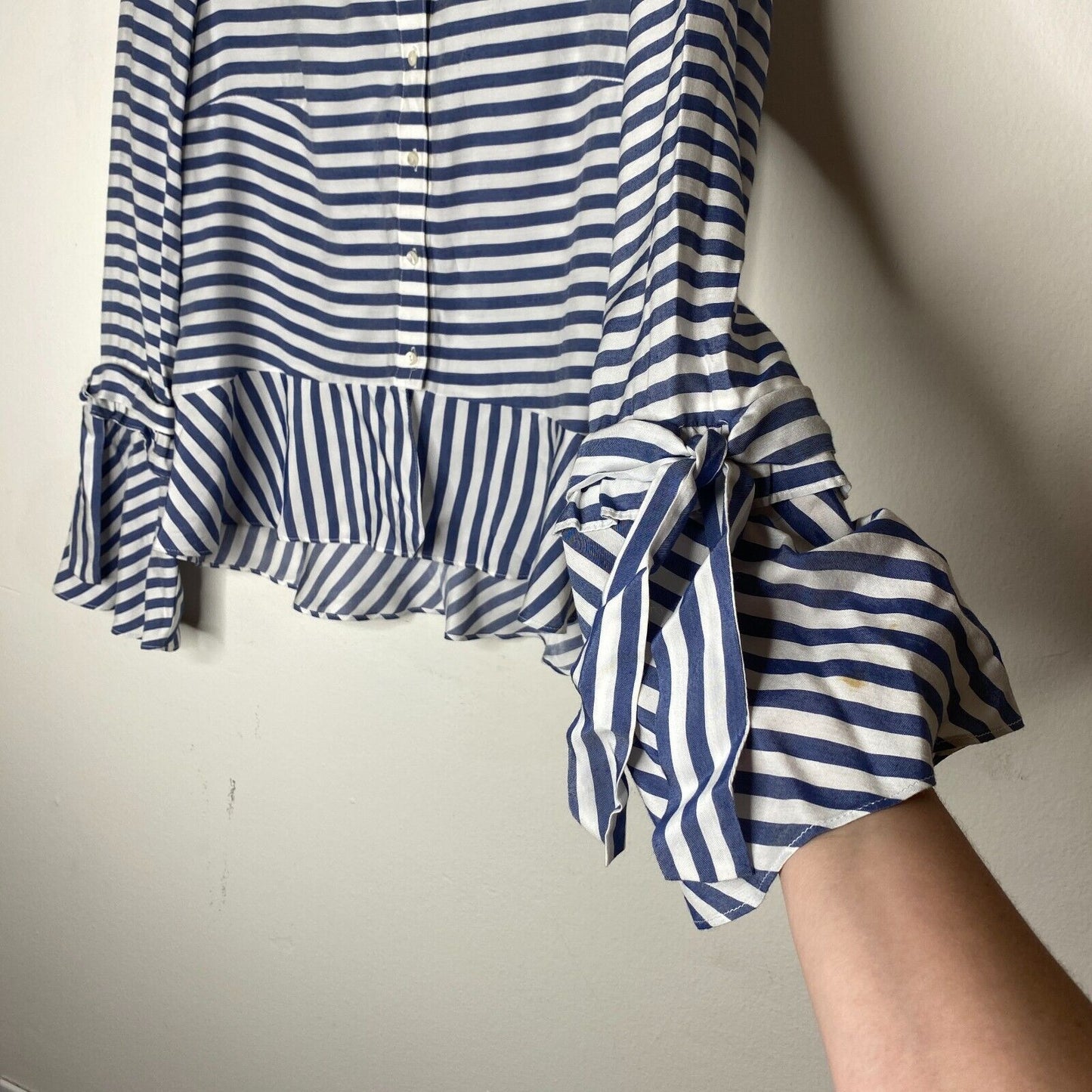 Artelier Blue and White Stripe Collar Button Down Bell Tie Sleeve Blouse XS