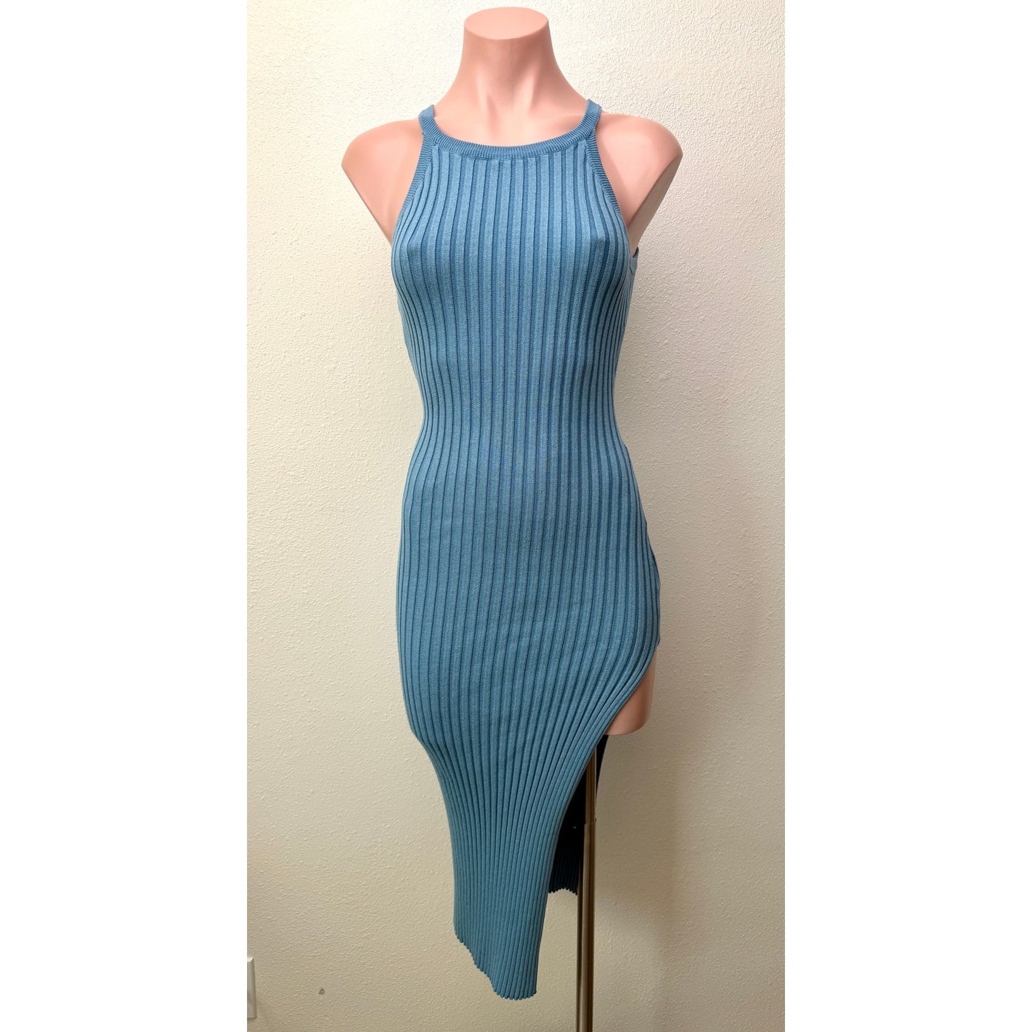 Hera Blue Ribbed Halter Sweater Midi Dress Bodycon Women's S