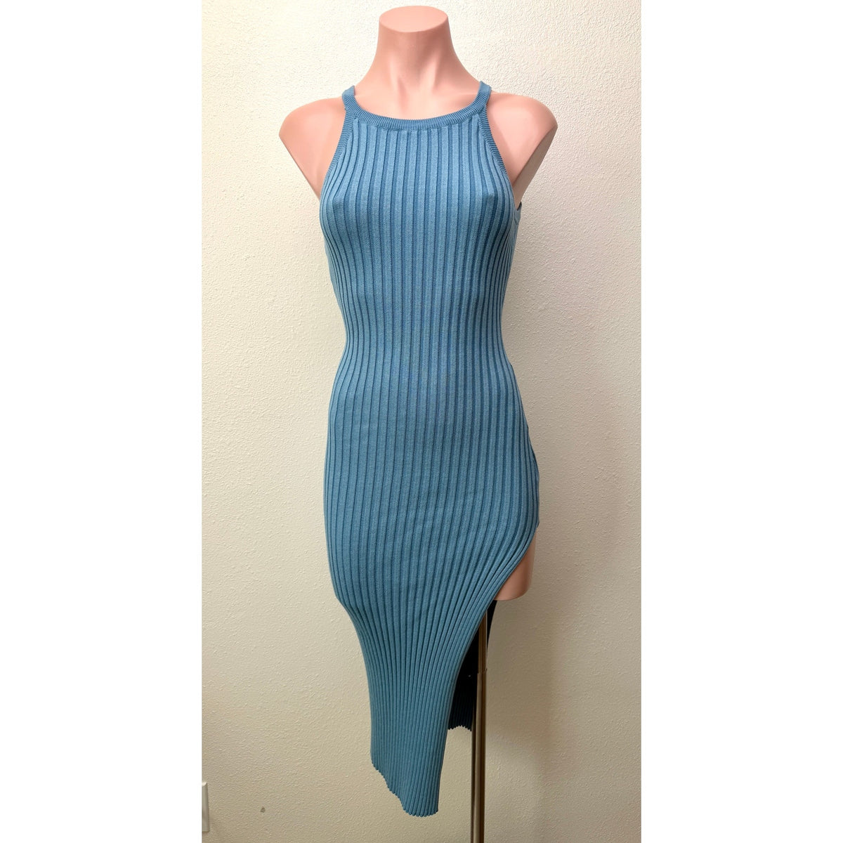 Hera Blue Ribbed Halter Sweater Midi Dress Bodycon Women's S
