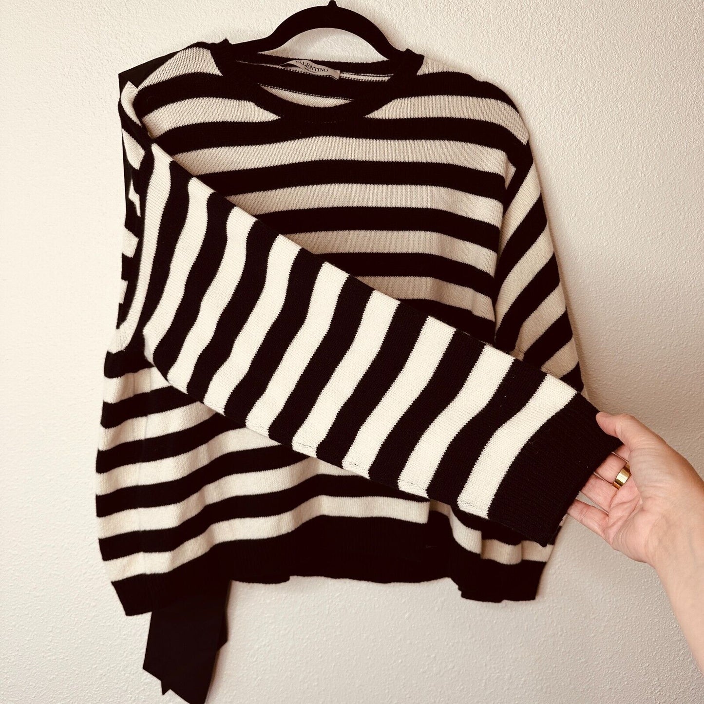 Valentino Off White & Black Horizontal Stripe Open Back Satin Shoulder Tie Top L