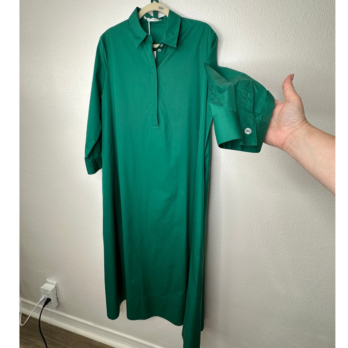 NWT The Row Green Tanita Long Sleeve 3/4 Button Collared Belted Shirtdress L