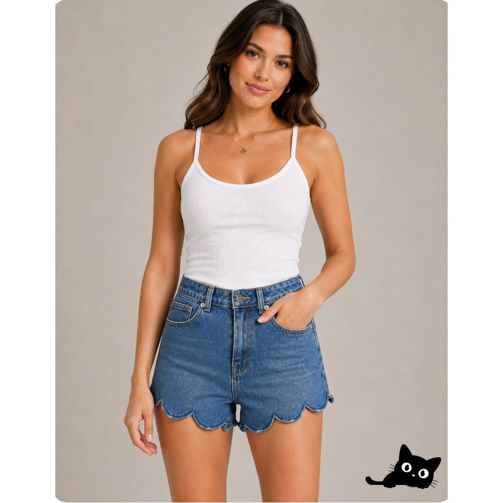 H&M Cute Blue 5 Pocket High Waist Shorts Zip Fly Button Close Scalloped Hem 6