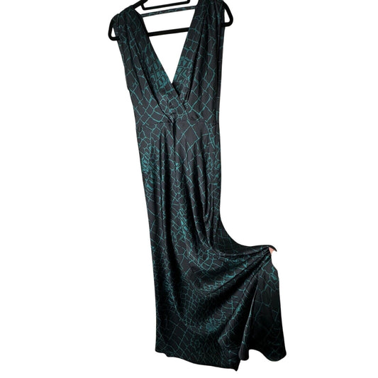REISS Bebe Black & Green Print Flowy Maxi Sleeveless Deep V-Neck Front & Back 8