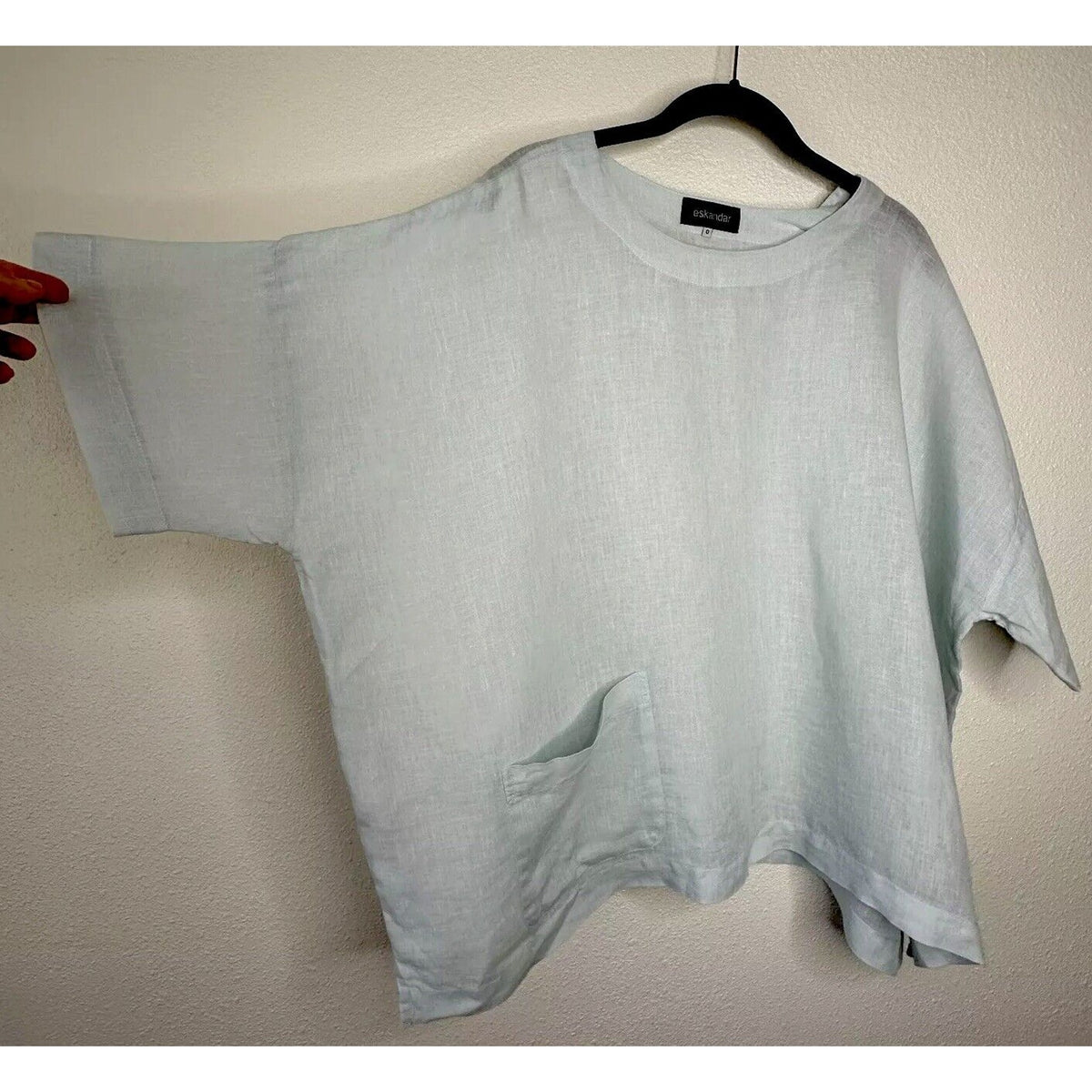Eskandar Light Blue Boxy Linen Short Sleeve Front Pocket Round Neck Blouse Top 6