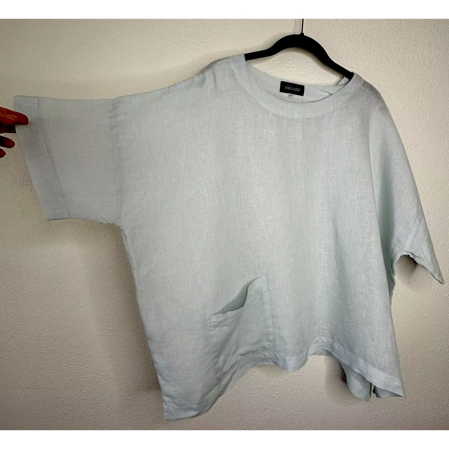 Eskandar Light Blue Boxy Linen Short Sleeve Front Pocket Round Neck Blouse Top 6