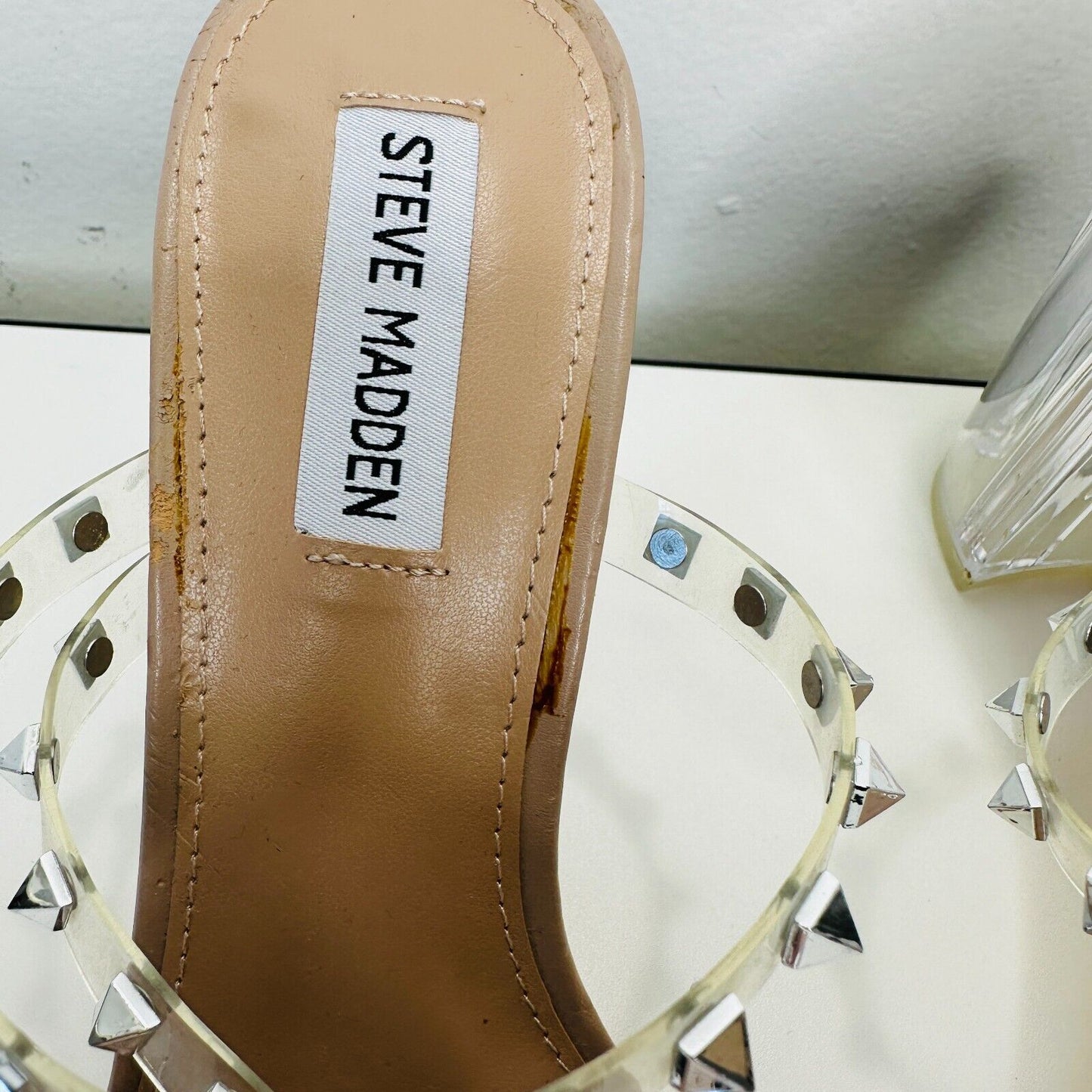 Steve Madden Nude Lucite Tangent Cone Heel Clear Silver Studded Strappy Sandal 9
