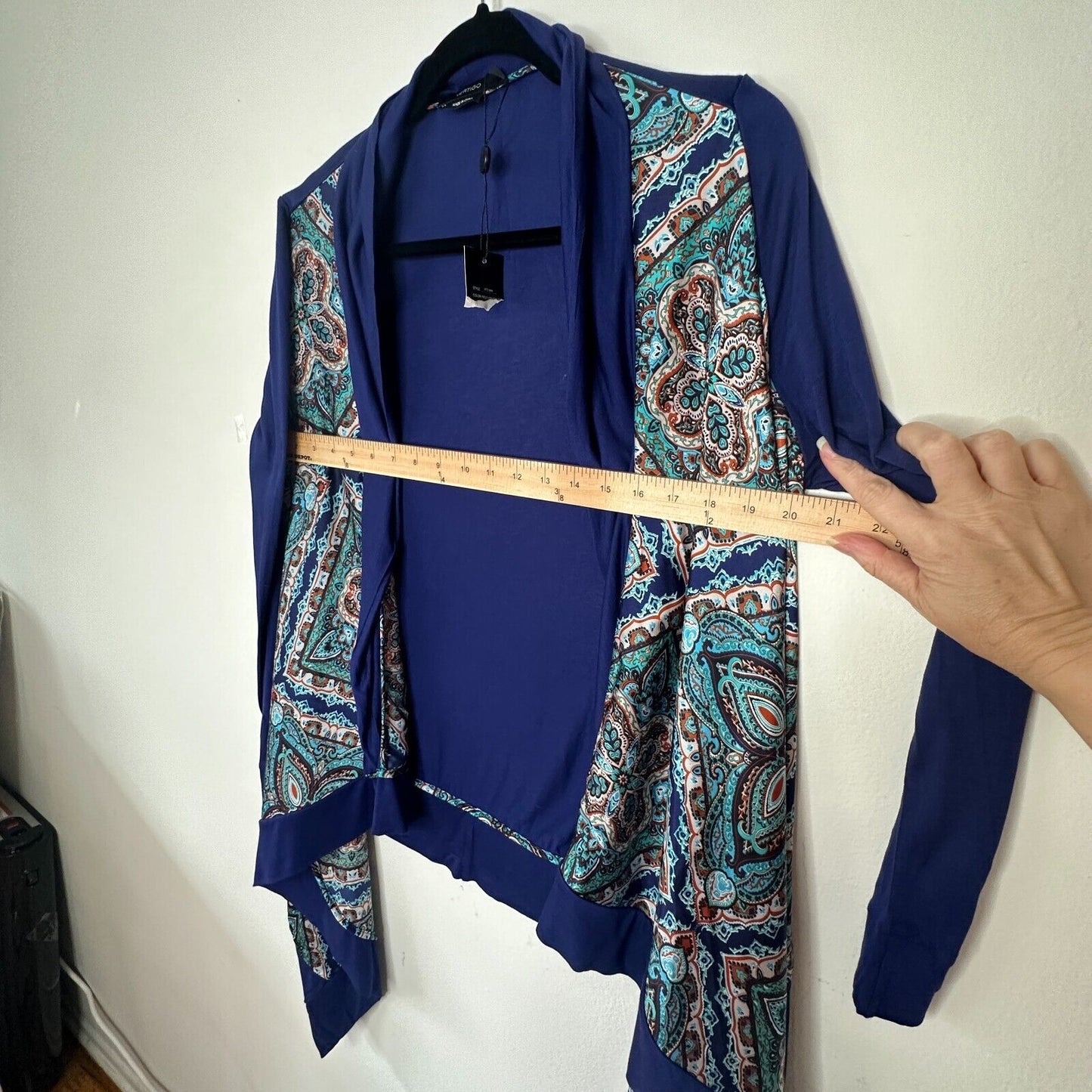 Vertigo Satin High Low Paisley Royal Blue Orange Long Sleeve Drape Cardigan S