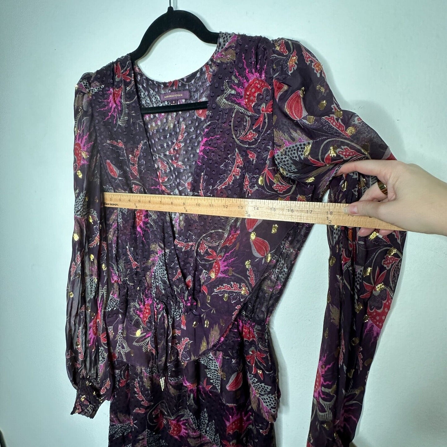Marchesa Voyage Burgundy 100% Silk Flounce Peplum V Neck Long Sleeve Dress 8