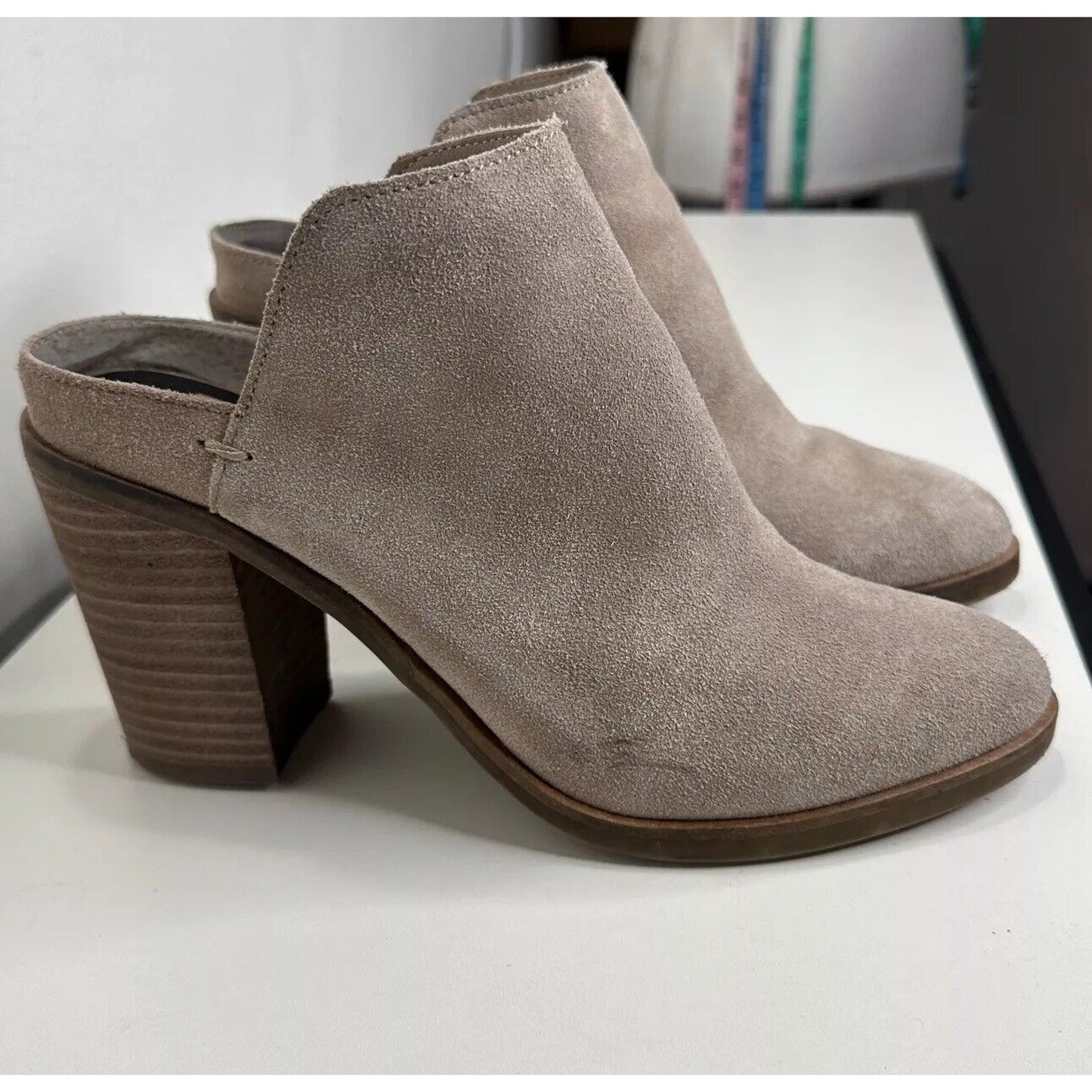 Dolce Vita Gray Taupe Selene Suede Almond toe Slide Mule Bootie Block Heels 7.5