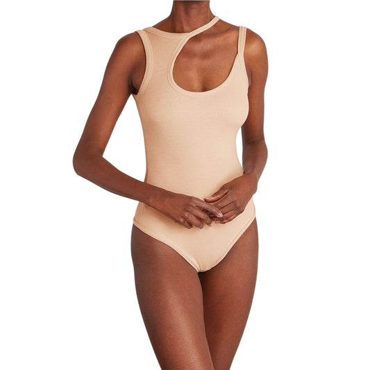Alix NYC Tan Allen Asymetrical Scoop Neckline Sleeveless Ribbed Knit Bodysuit SM