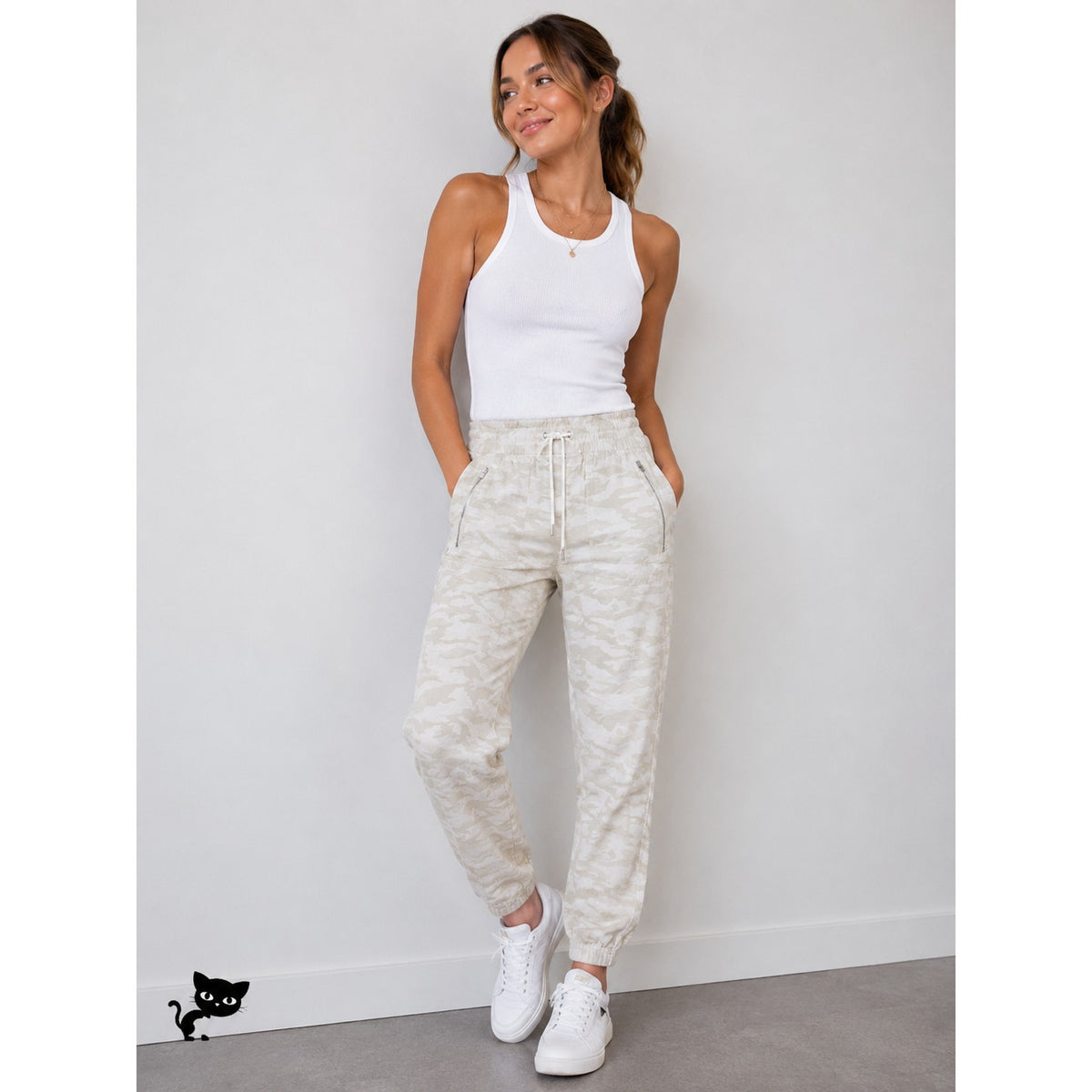 Athleta Cream & Tan Camo Cabo Print Tied Linen Jogger Pant Zip Front Pockets 4