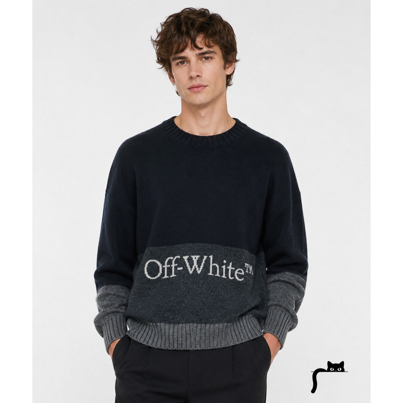 Off White Wool Black & Gray Colorblock Crew Neck Sweater Jumper XL
