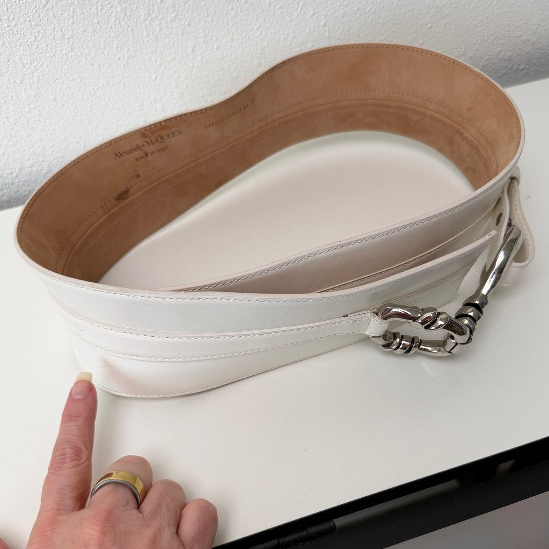 Alexander McQueen Ivory Calf Leather Wide Hook Waist Belt