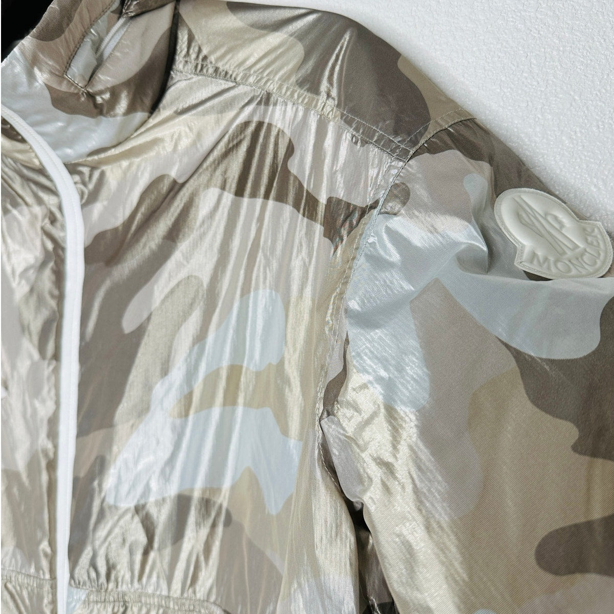 Moncler Menchib Metallic Camo Hooded Jacket Sand Cream Lightweight Zip Coat