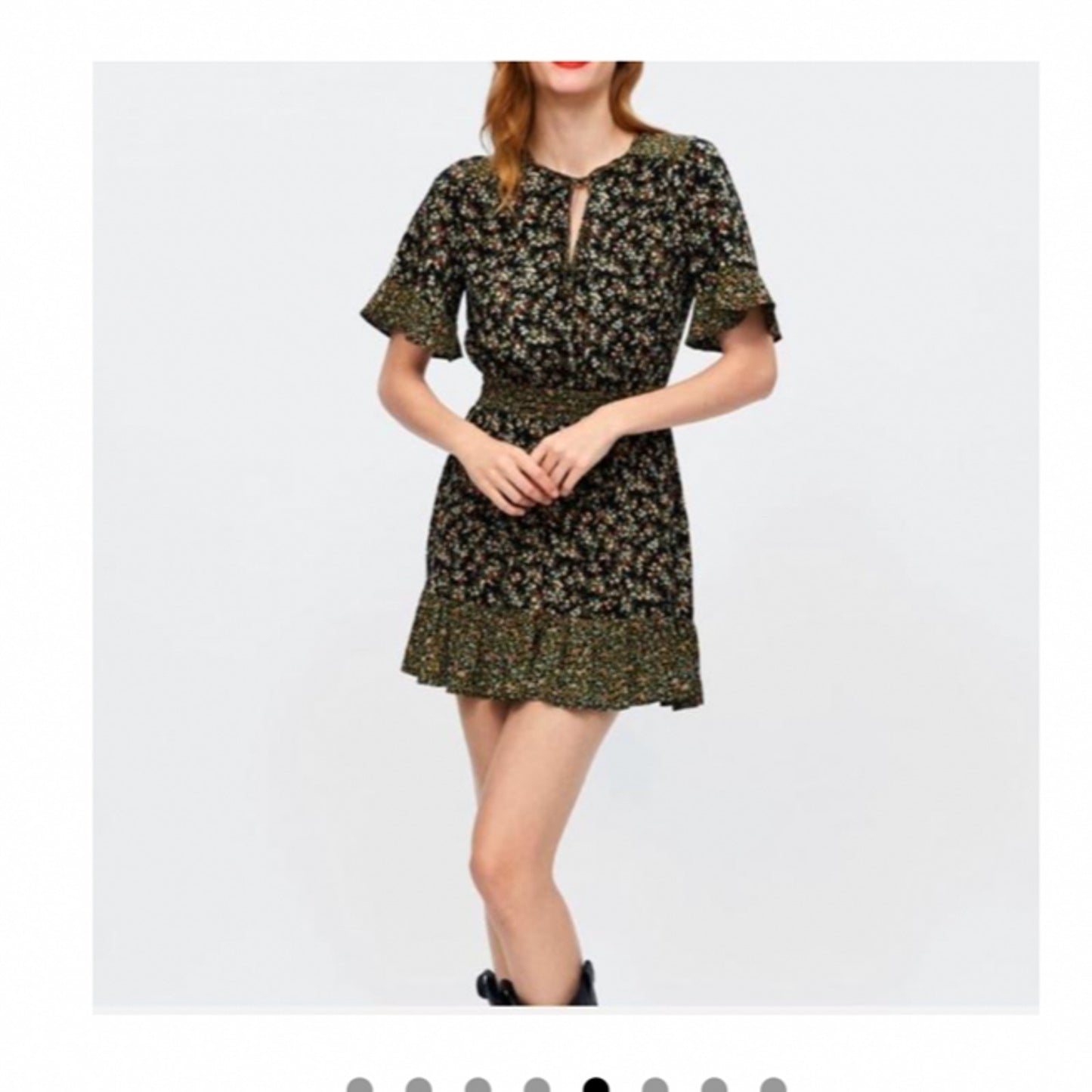 Zara Peasant Boho Black Multi Floral Tiered Ruffle Mini Sundress Tie Front Small