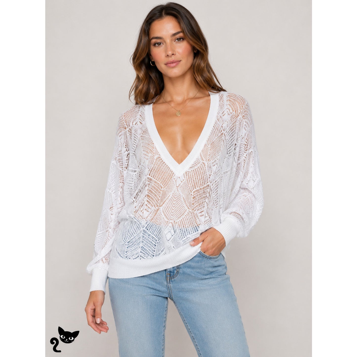 IRO Dusk White Crochet V Neck Lightweight Sweater Dolman Sleeves XS
